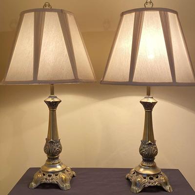 Pair of Elegant Brass Table Lamps with Silk Shades