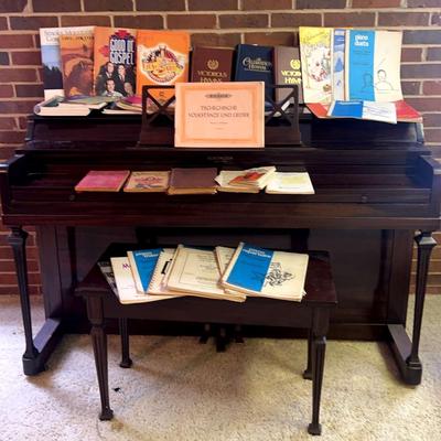 Huntington Console Piano with Bench & Extensive Sheet Music Collection