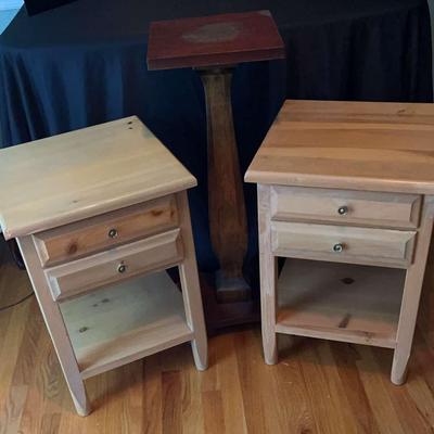 Pair of Pine Nightstands with Wooden Plant Stand