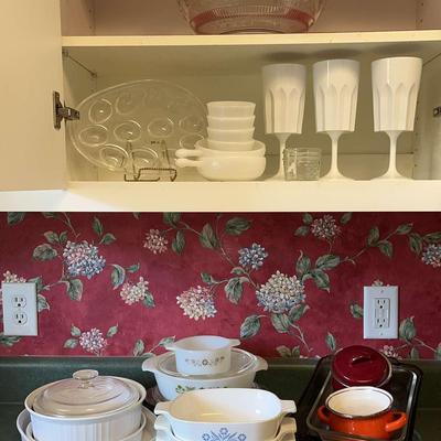 CorningWare & Pyrex Bakeware Lot with Milk Glass Goblets, Deviled Egg Platter & Punch Bowl