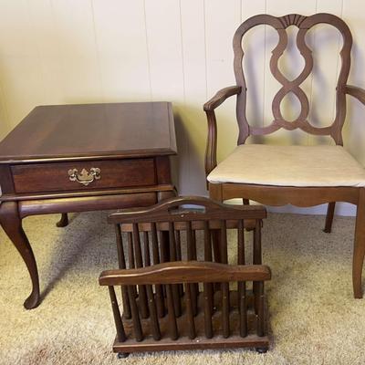 Queen Anne-Style Table, Upholstered Accent Chair & Mid-Century Magazine Rack