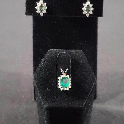 14K Emerald And Diamond Pendant And Earring Set