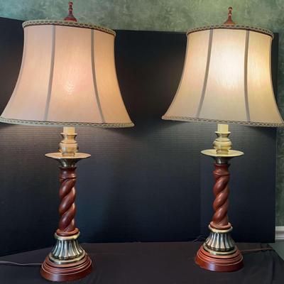 Pair of Barley Twist Wooden & Metal Table Lamps