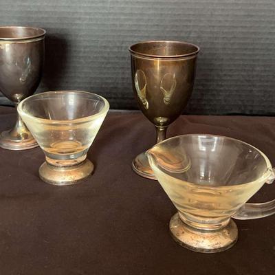 Sterling Silver Goblets with Glass & Silver-Base Creamer and Bowl Set