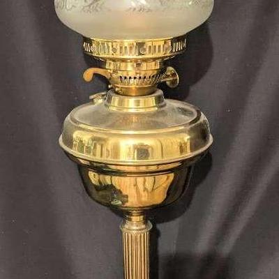 Victorian Brass Paraffin Lamp with Etched Glass Globe