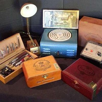 Cigar Boxes, Hot Plate, Tenson Lamp & Lionel Transformer