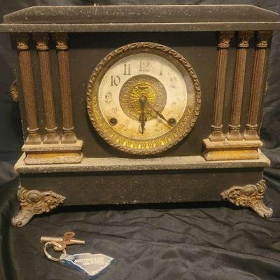 Antique Mantel Clock with Ornate Columns & Key