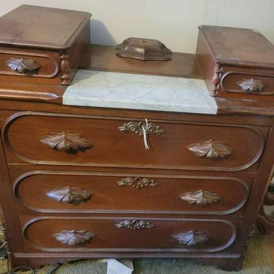 Antique Marble-Top Wooden Dresser with Mirror