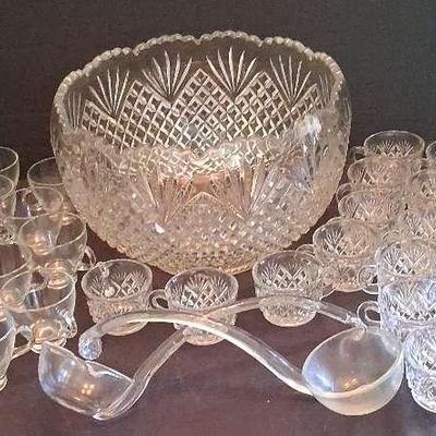 Cut Glass Punch Bowl with 30 Cups & 2 Glass Ladles