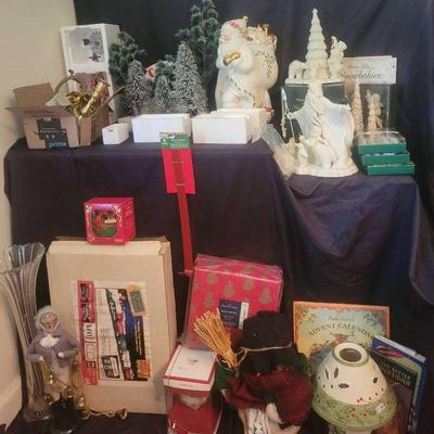 Lenox Santa Cookie Jar, Holiday Figurines, Snowbabies & Tall Glass Vase