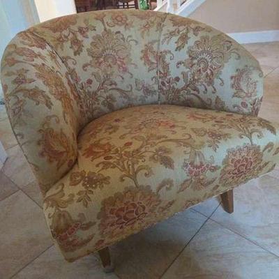 Gold Tone Floral Upholstered Barrel Back Chair #1