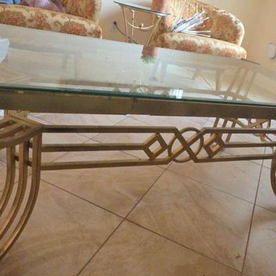 Gold Tone Metal Glass Top Coffee Table  53"×29"×20"