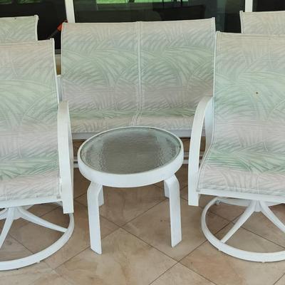 White Patio Furniture Set - Includes Reclining Bench, 4 Swivel Chairs, & 3 Glass Top Tables