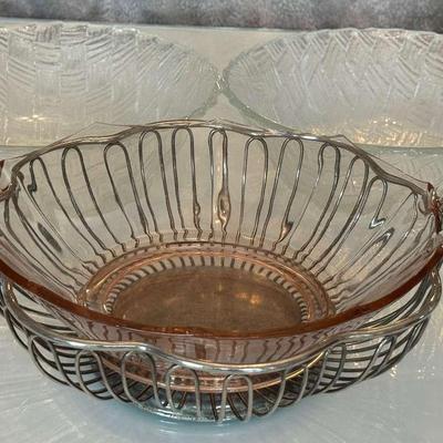 Indiana Glass Weavetex Bowls, Pink Depression Glass Bowl, & Mid-Century Modern Fruit Bowl