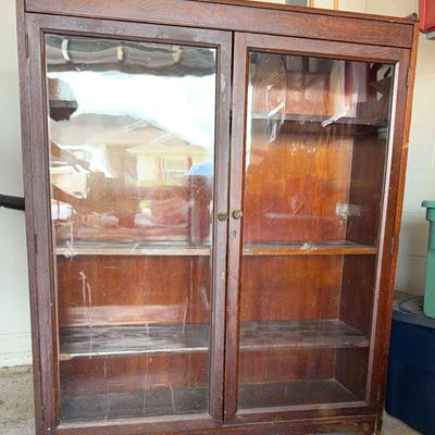 Oak Bookcase With Glass Double Doors 43” Wide X 13” Deep 52” High ~ 4 Adjustable Shelves 