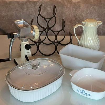 2 Corning Ware Casserole Dishes, Westinghouse Milk Glass, Wine rack, Meat Grinder, & Carafe