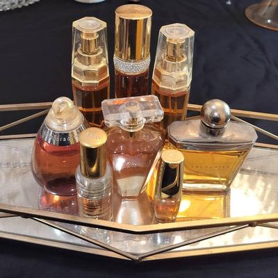 8 Vintage Womens Fragrances & Perfumes By Elizabeth Taylor, Victoria's Secret, & Avon, + Mirror Tray