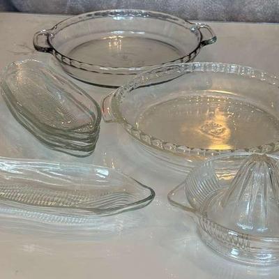 Anchor Hocking Pie Baking Dishes, Stacking Corn Cob Holder Dishes, & Glass Citrus Juicer