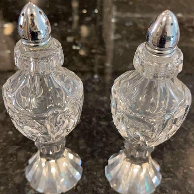 Vintage Crystal Salt And Pepper Shakers With Silver Tone Tops