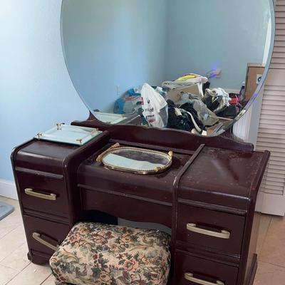 Vintage Art Deco Vanity with Round Mirror & Floral Stool