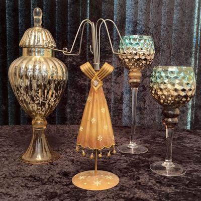 Gold-Mercury Colored Honeycomb Glass Goblets Set + Decorative Jar And Jewelry Stand