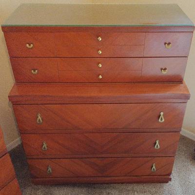 Mid-Century Modern Wood Dresser with Brass Pulls & Glass Top