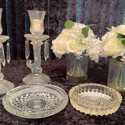 Anchor Hocking Crystal Ashtrays, 2 Corpoconia Crystal Candle Holders, & Faux Flower Vase Decor