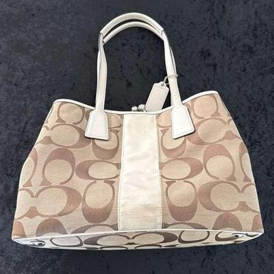 Tan And Brown Kiss Lock Clasp Coach Handbag 