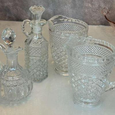 Vintage Anchor Hocking Clear Glass Set Of Cruets And Pint Pitchers