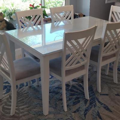 White Wood Dining Room Table And 6 Chairs With Glass Top