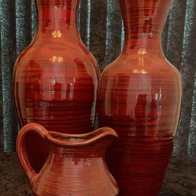 Two Large Red Lacquered Spun Bamboo Vases + Matching Red Glazed Water Pitcher
