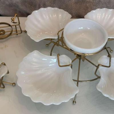 Vintage Mid Century Gold Metal Chip N Dip Tray Set -  With 5 White Sea Shell Trays And Bowl