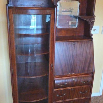 Antique Secretary Desk with Curio Cabinet & Mirror – Carved Detail