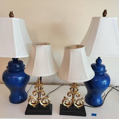 4 Vintage Working Lamps - 2 Ceramic Blue & 2 Gold Tone Metallic Designs