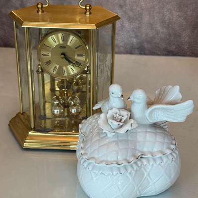 Vintage Haller Of Germany Anniversary Clock & White Trinket Box Quilted Pattern/Topped 