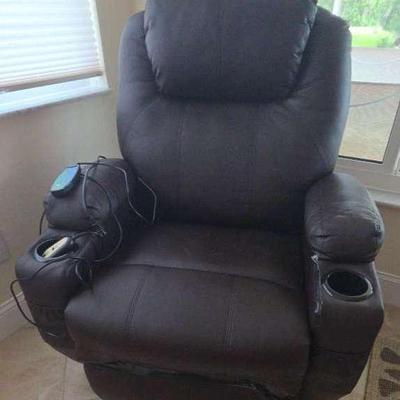 Power Reclining Massage Chair w. Cup Holders & Remote – Chocolate Colored Leather