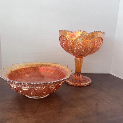 Carnival Glass Pedestal Compote & Scalloped Bowl Marigold Hobstar
