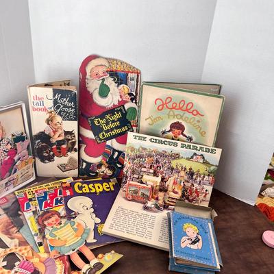 Vintage Children’s Book, Curly Top Paper Dolls, Mixed Comic Books, Jacks & Ball Set 