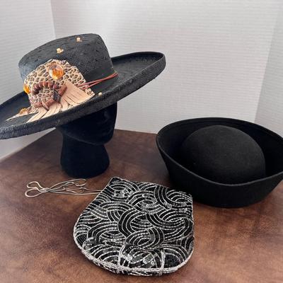 Doeskin 100% Wool Pill Box Hat, Genie Beaded Sequin Handbag, Lonni San Francisco Straw Black Hat