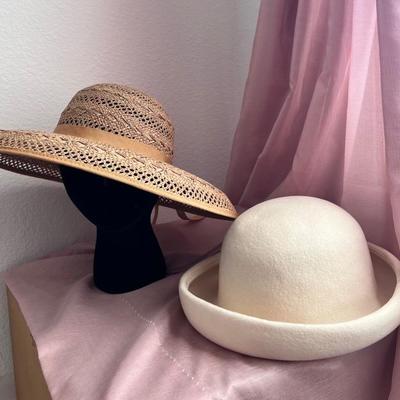 Miss Bierner USA Bowler Wool Cream Hat, Betmar NY Brown Straw Sun Hat w/ Ribbon 