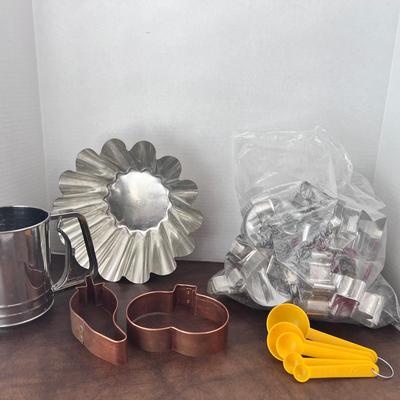 Vintage Flour Sifter, Pastry Tart Tin France, Mixed Bag of Cookie Cutters, 2 Copper Cookie Cutters