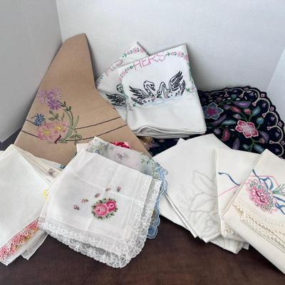 Embroidery Needlepoint Pillowcases (3 pr), 17 Handkerchiefs & Round Tablecloth 