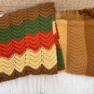 2 Crochet Blankets Throws 1970s Orange Yellow Brown 
