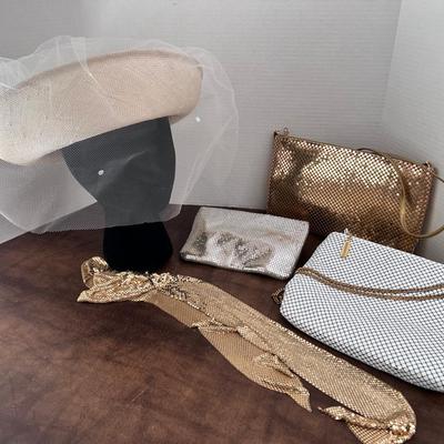 Vintage Whittall & Shon Straw Hat w/ Lace, 3 Whiting & Davis Mesh Handbags & Mesh Belt