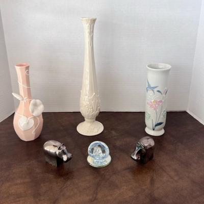 Dansk Silver Hippo Figures, Otagari Vase, Lenox Vase, Fitz & Floyd Peach Vase