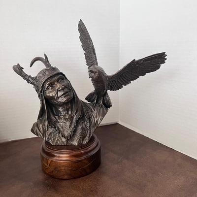 Bronze Native American Owl Sculpture Douglas Downs Wood Base 1983