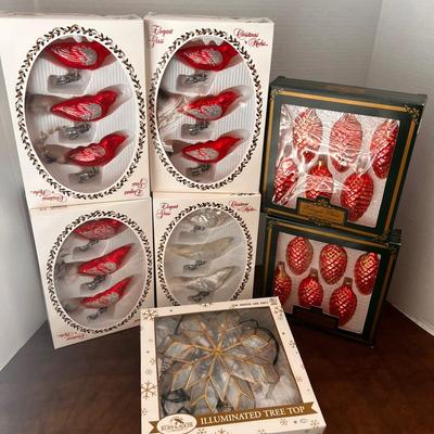 Kurt Adler Treetop Star & Kringle Glass Pinecones, Krebs Glass Bird Clip On Germany 