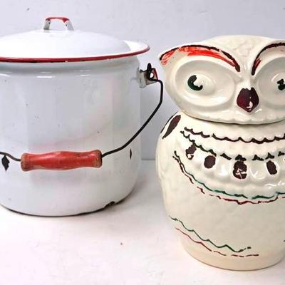 Ceramic Owl Cookie Jar & Enamelware Chamber Pot