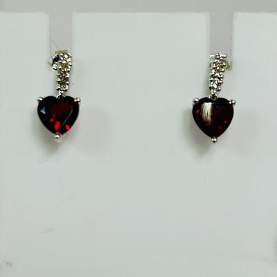 14k WG Garnet & Diamond Heart Earrings
