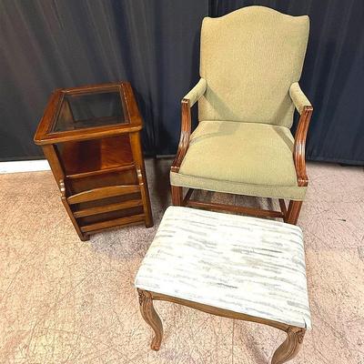 Vintage Furniture Trio – Upholstered Armchair, Glass-Top End Table, and Upholstered Bench